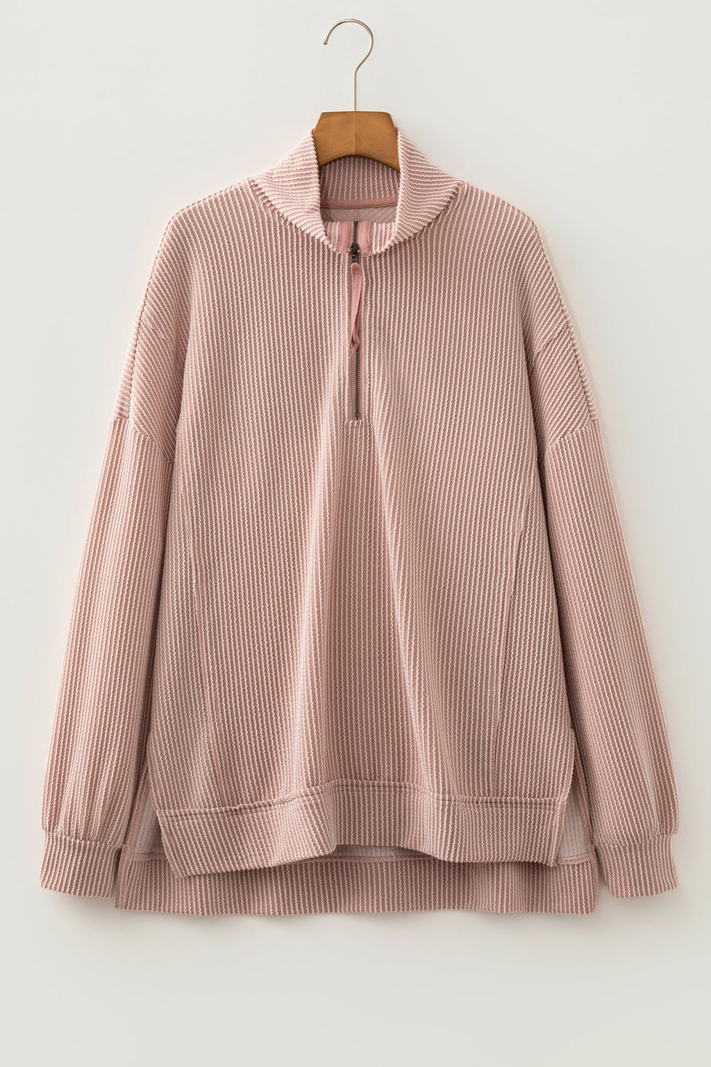 Solid Corded Knit Half Zip Collar Long Sleeve Top — additional view 2