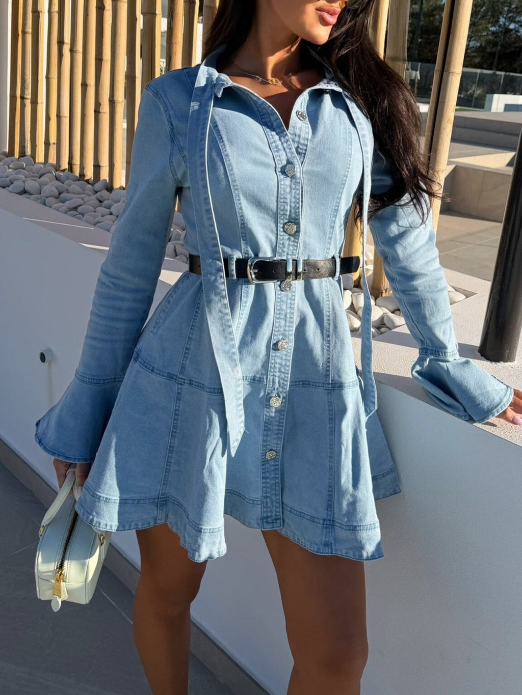 Button Front Flounce Sleeve Denim Dress — additional view 3