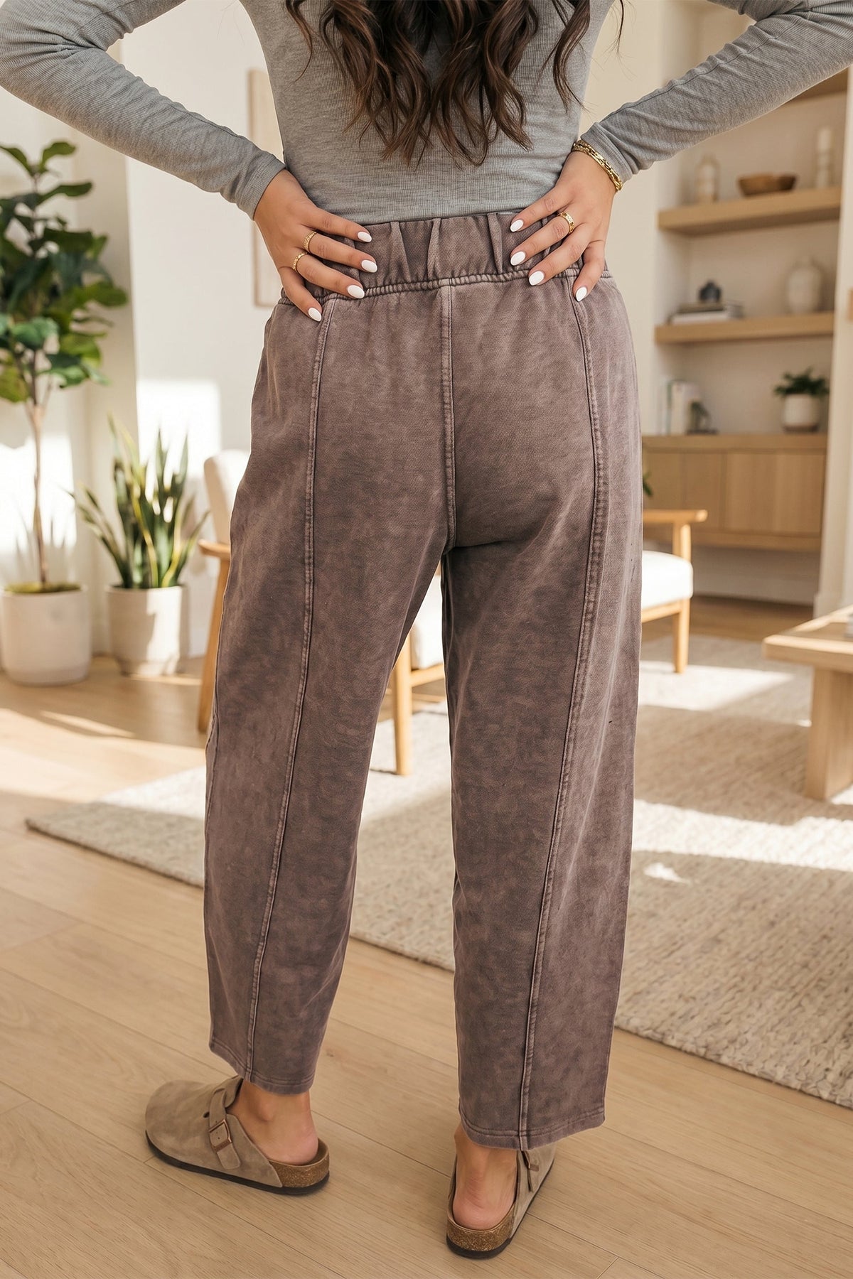 Lola Mineral Wash Seam Detail Elastic Waist Barrel Pants