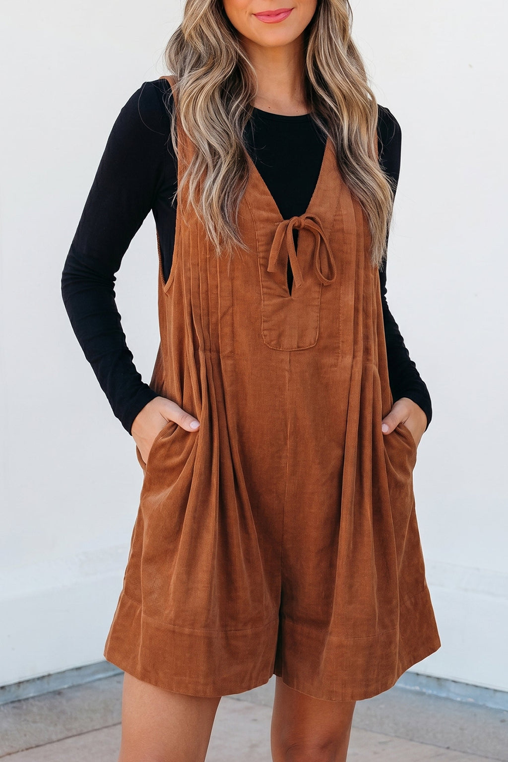 Solid Tie V-Neck Sleeveless Corduroy Romper — additional view 2