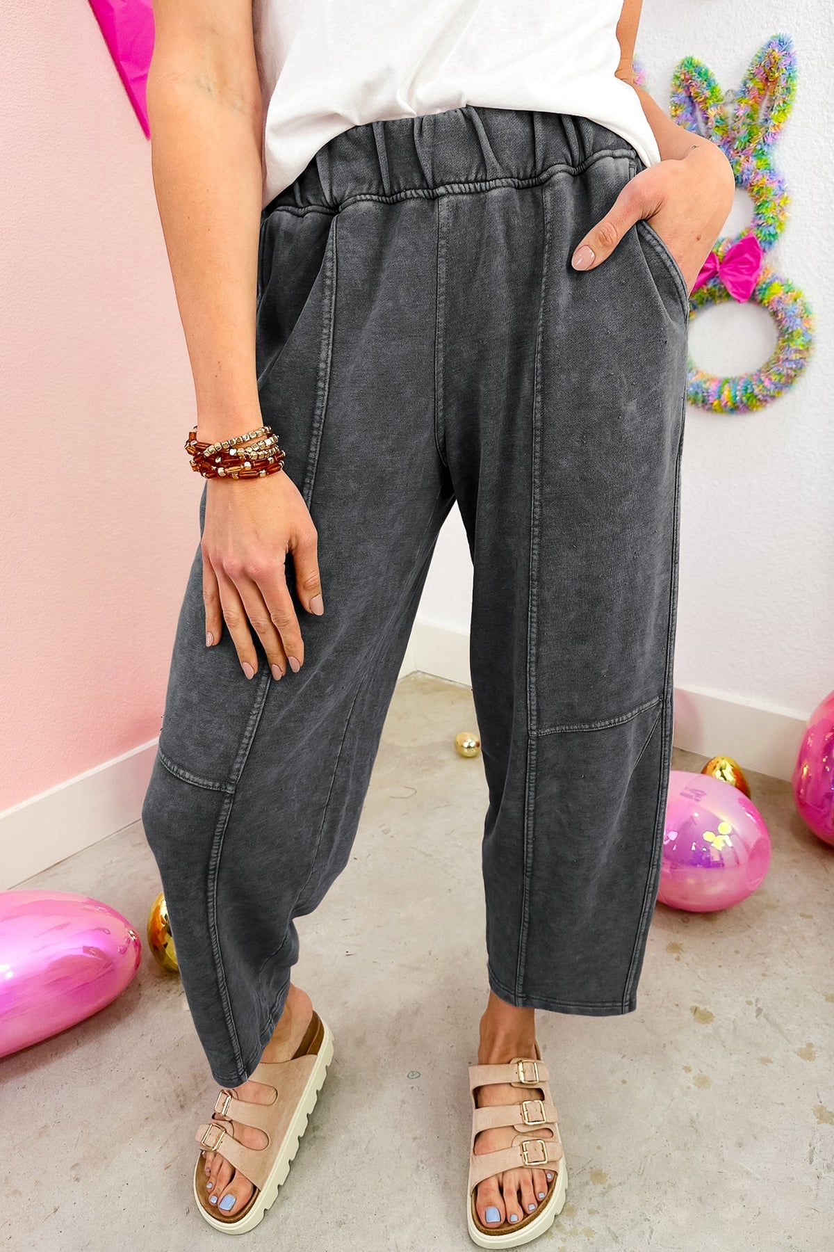 Lola Mineral Wash Seam Detail Elastic Waist Barrel Pants