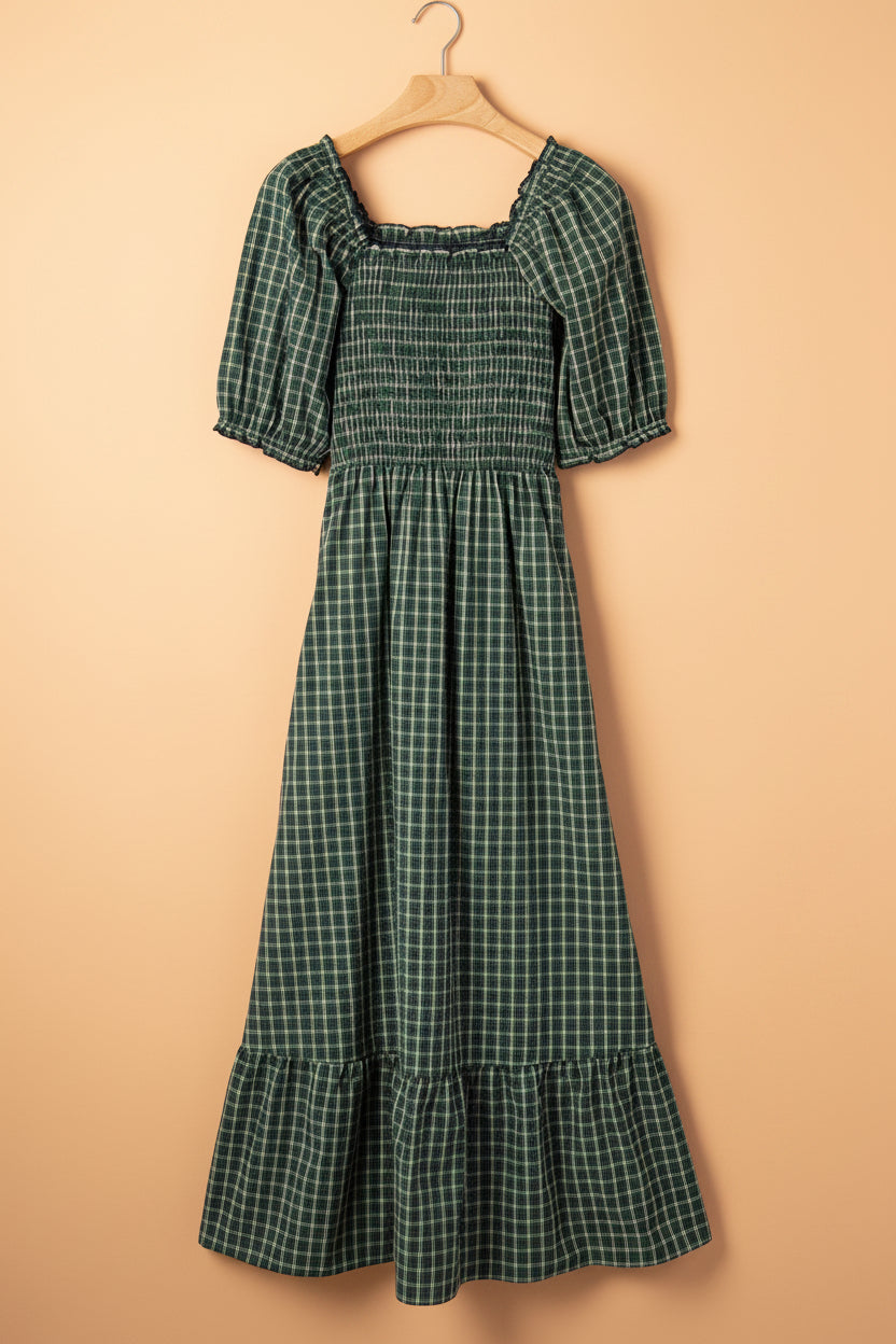 Plaid Shirred High Waist Square Neck Ruffle Hem Dress — additional view 2