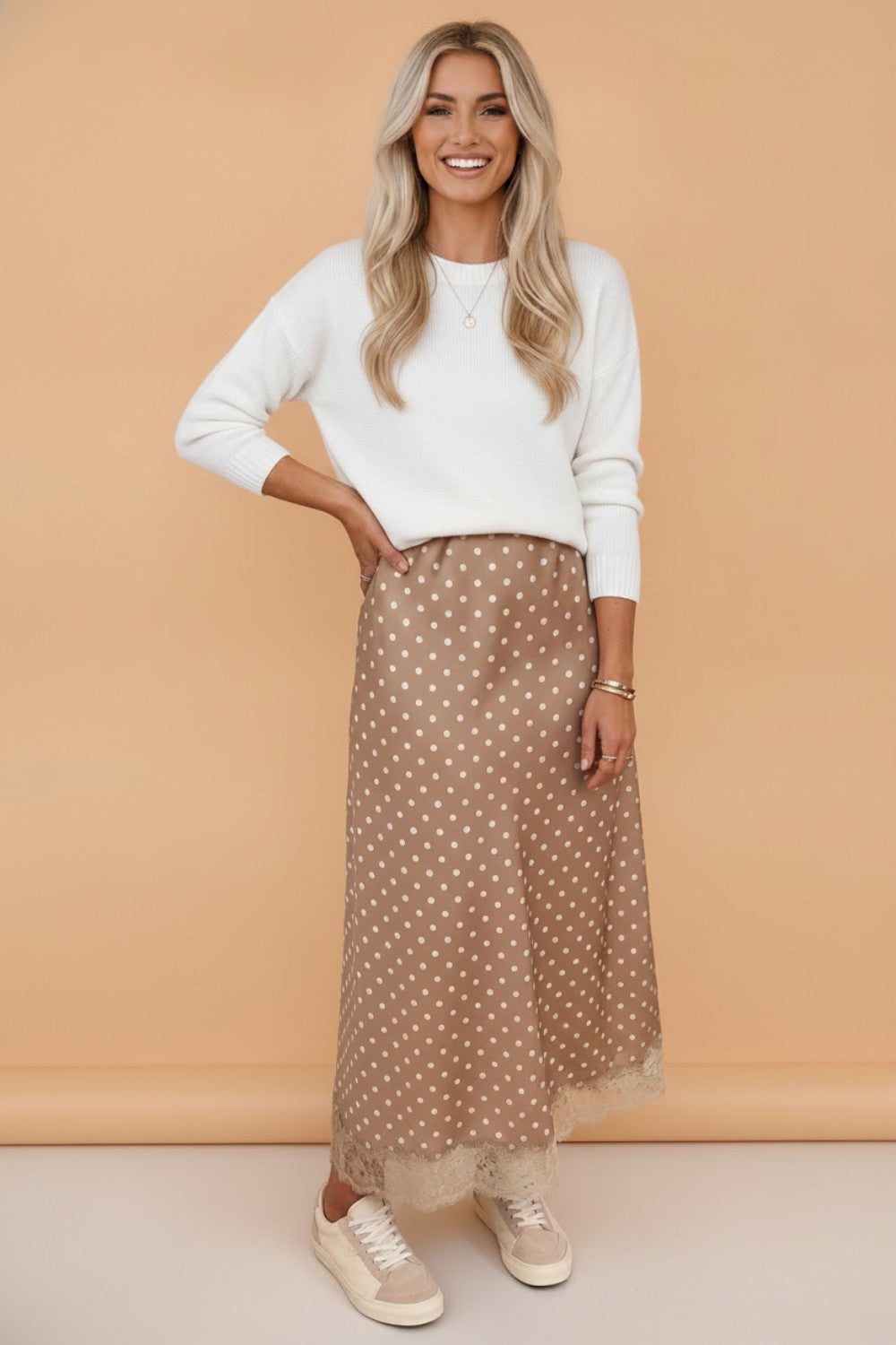 Polka Dot Lace Hem Midi Skirt — additional view 3