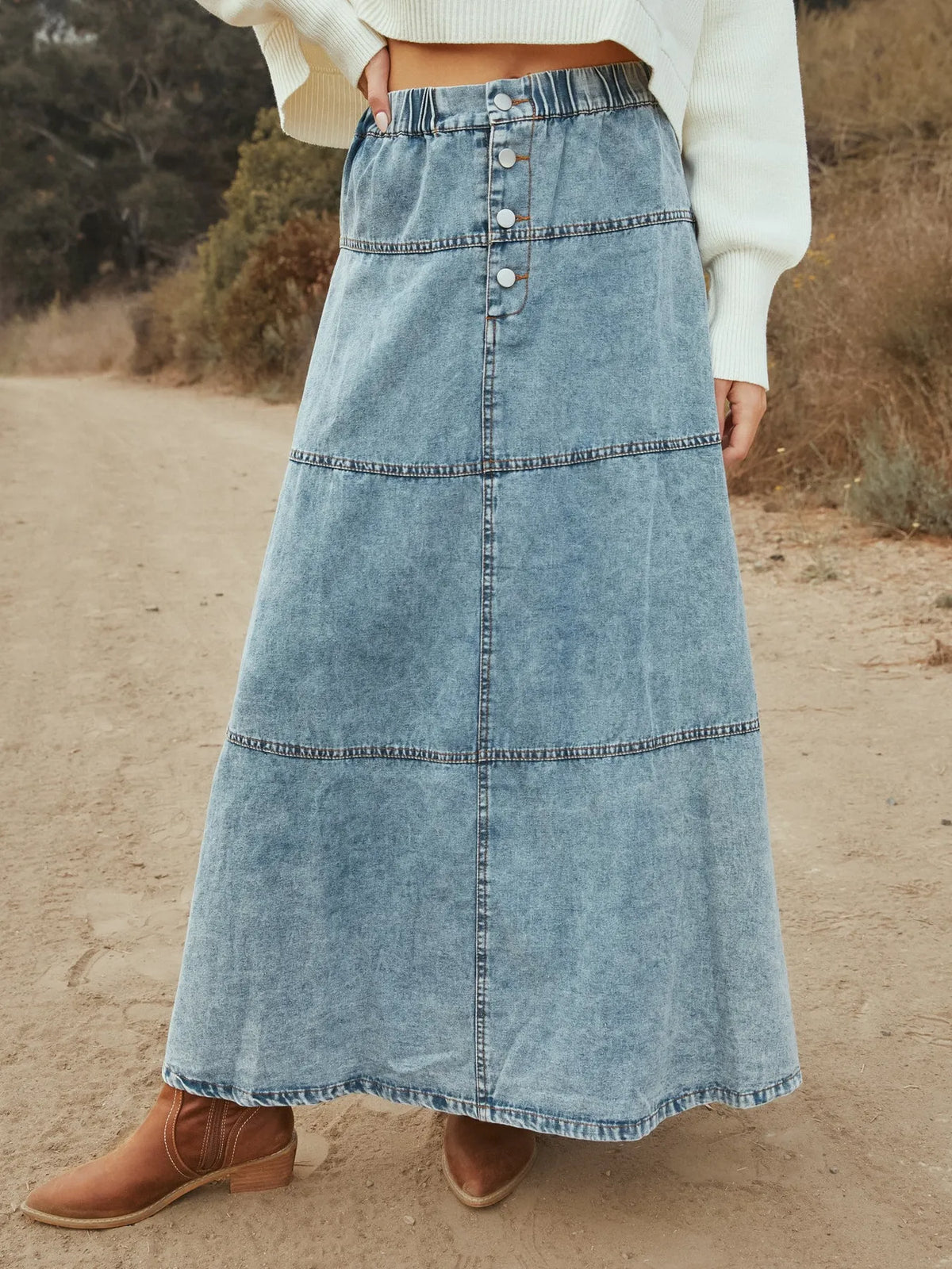 Tiered Denim Maxi Skirt