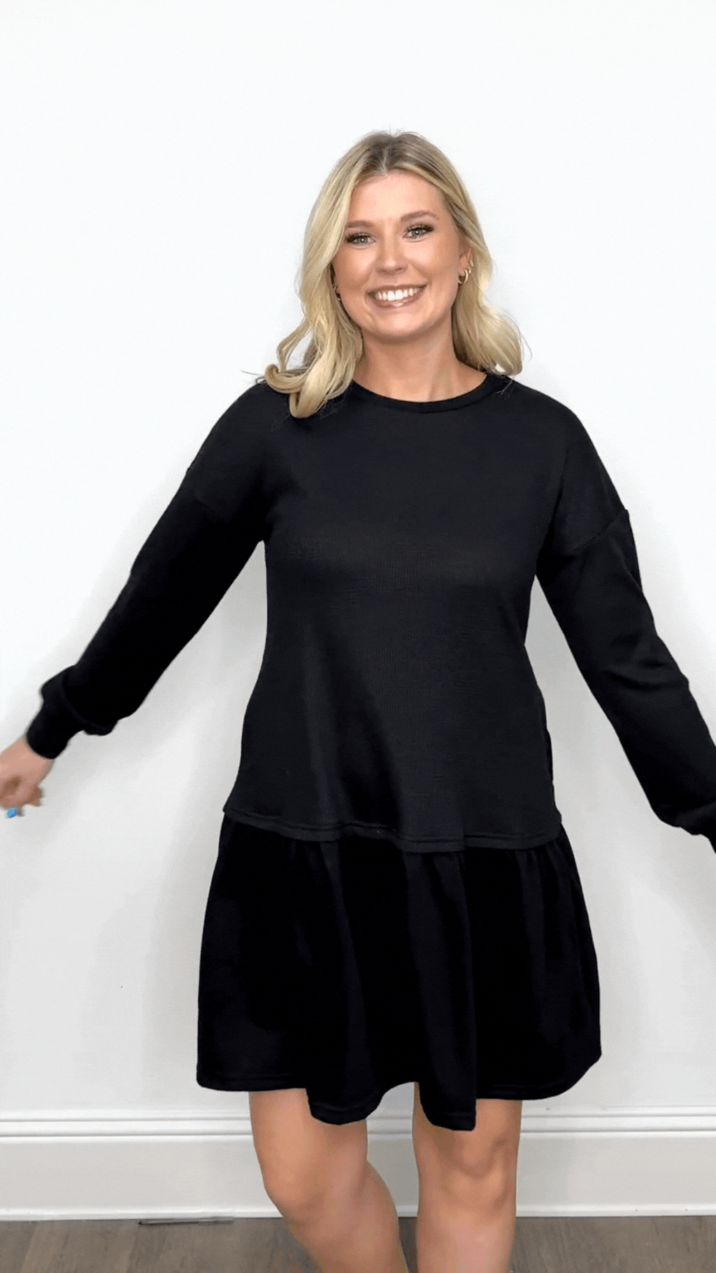 Waffle Knit Long-Sleeve Dress, Black — additional view 2