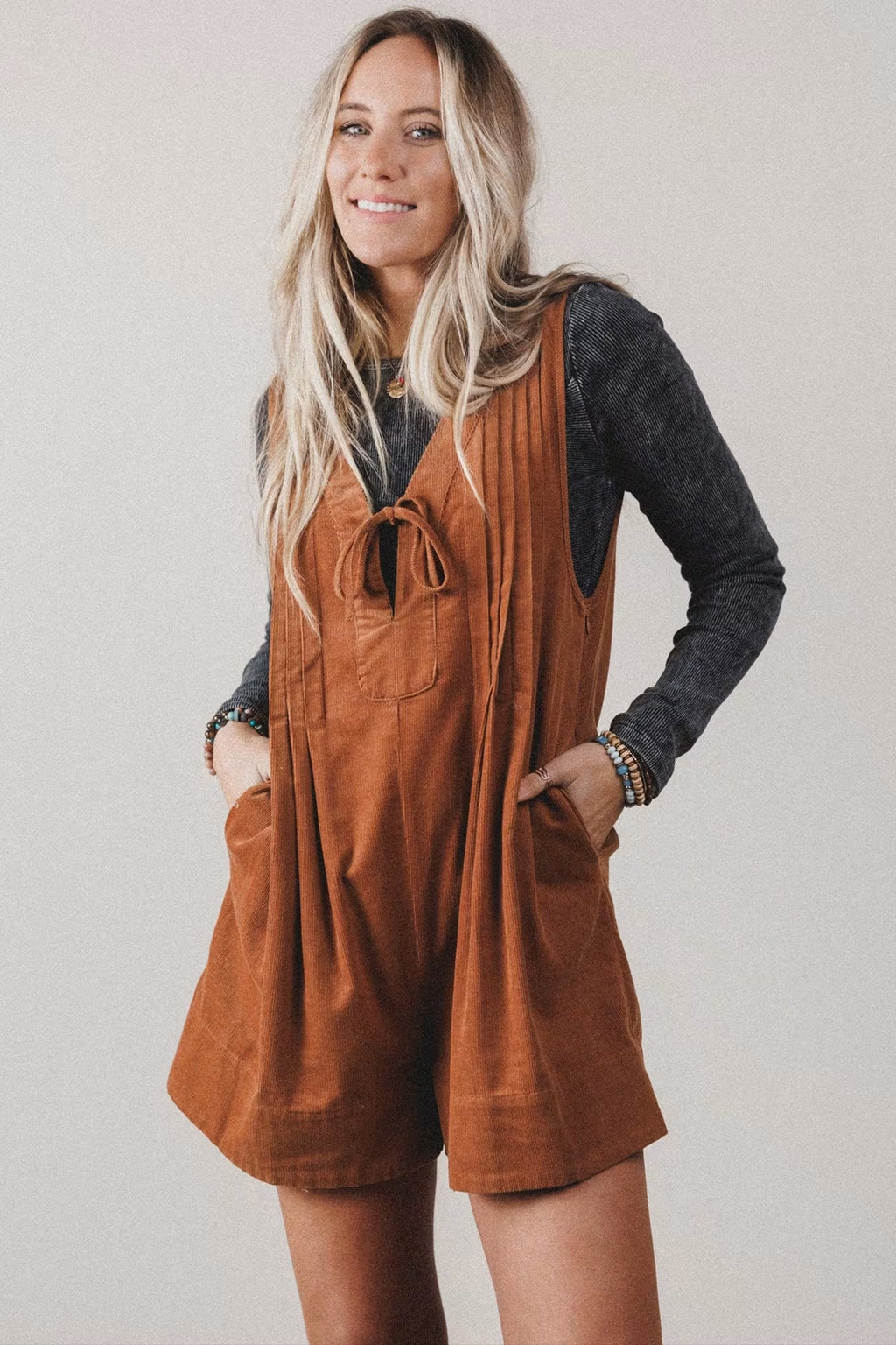 Solid Tie V-Neck Sleeveless Corduroy Romper — additional view 9
