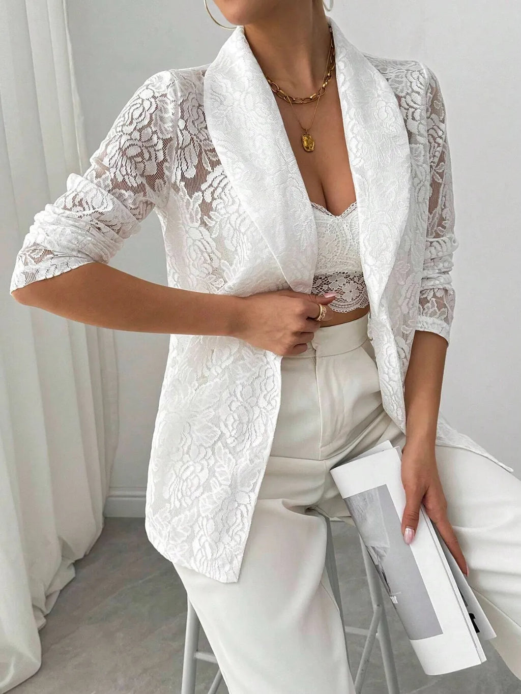 Sheer Lace Lapel Blazer