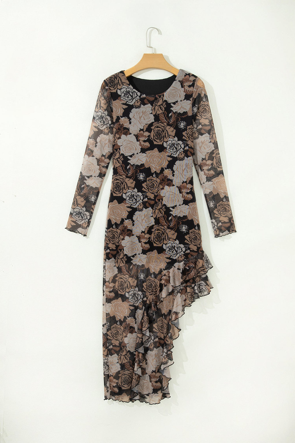 Floral Long Sleeve Asymmetric Ruffle Split Hem Mesh Dress — additional view 3