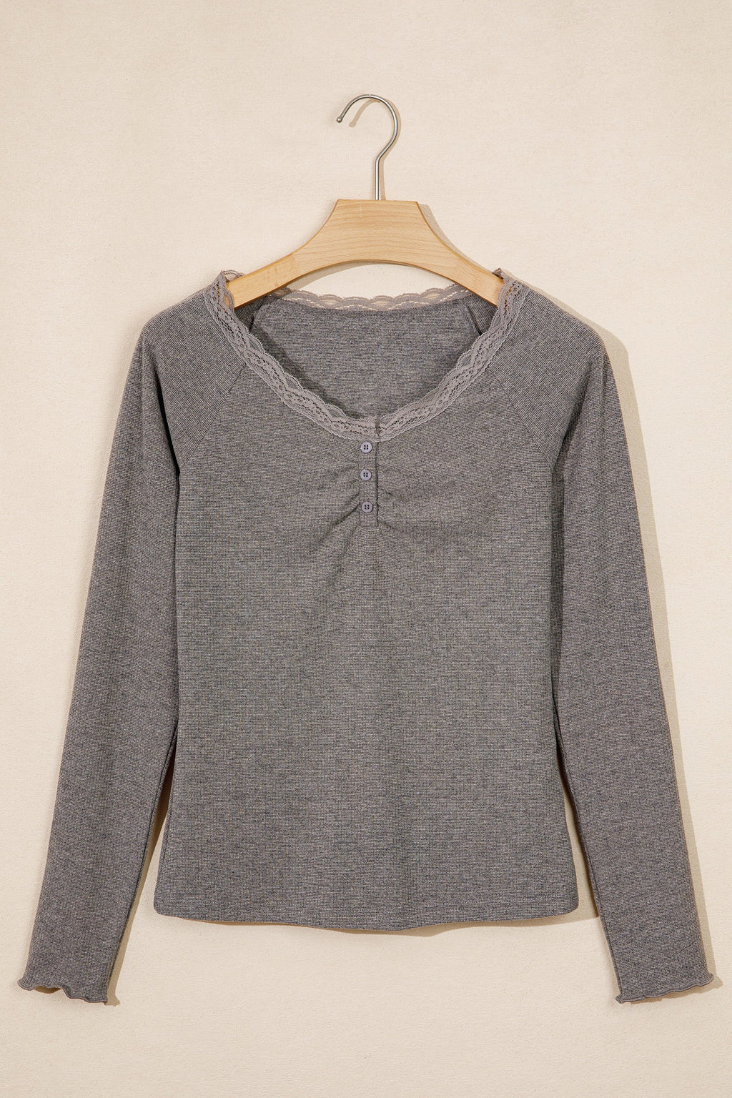 Solid Lace Trim Ribbed Knit Long Sleeve Top — additional view 2