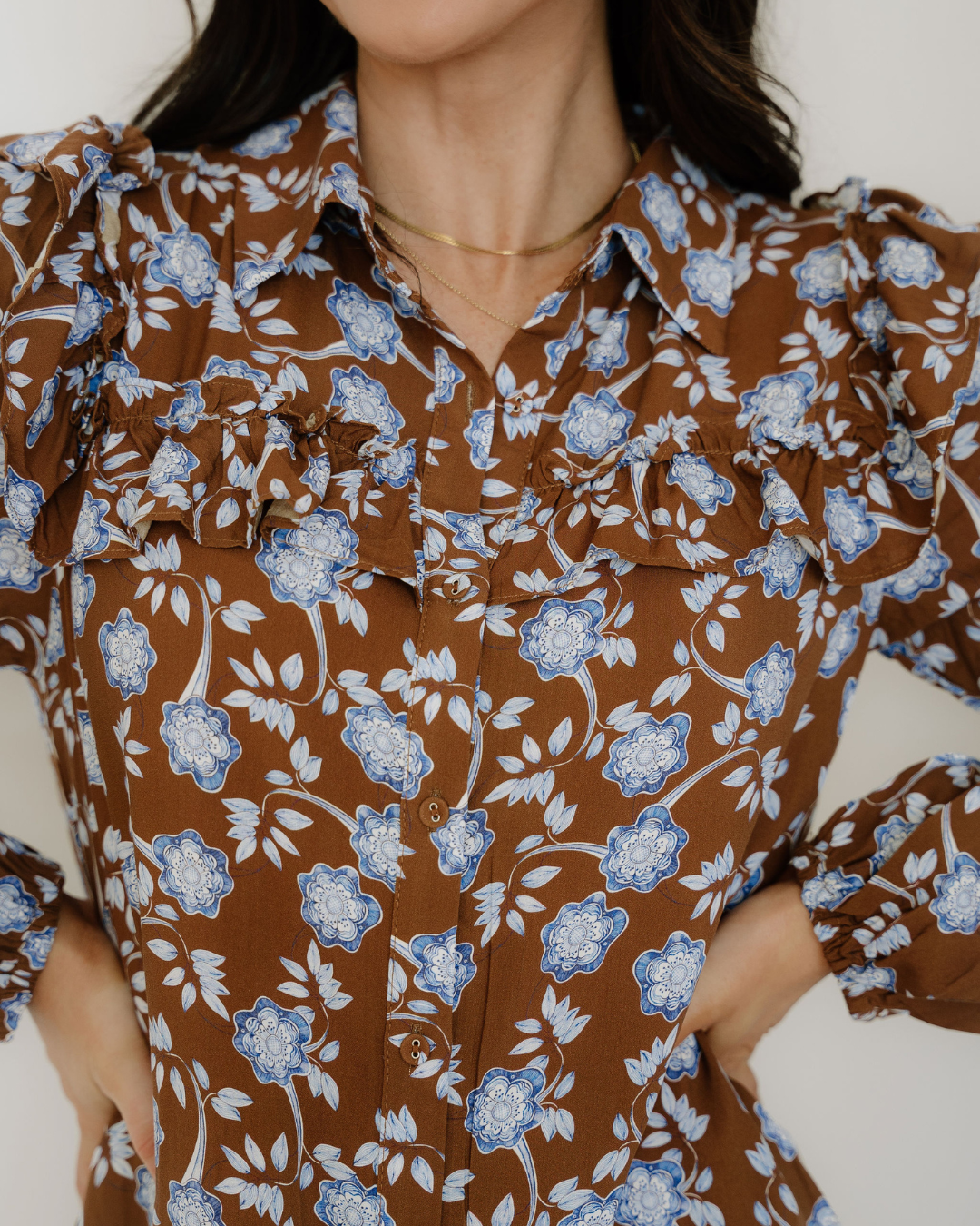 Luella Ruffled Detail Shirt Collar Button Down Long Sleeve Dress