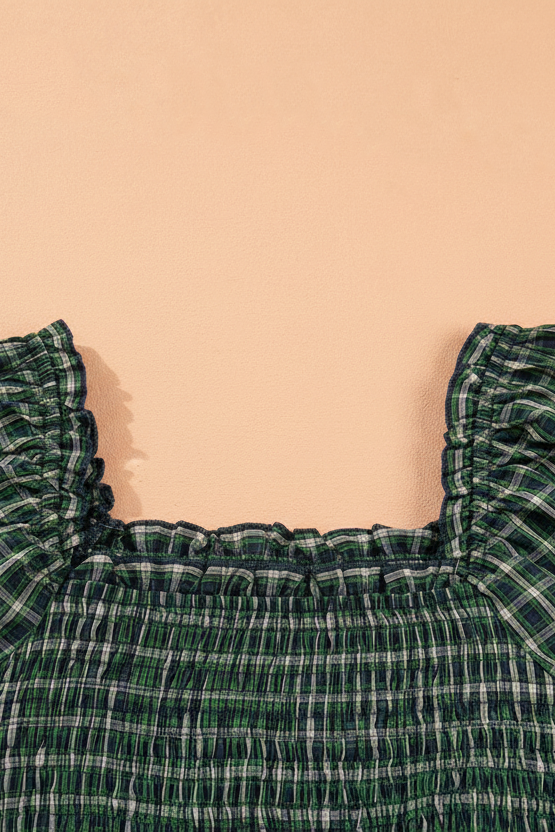 Plaid Shirred High Waist Square Neck Ruffle Hem Dress — additional view 4