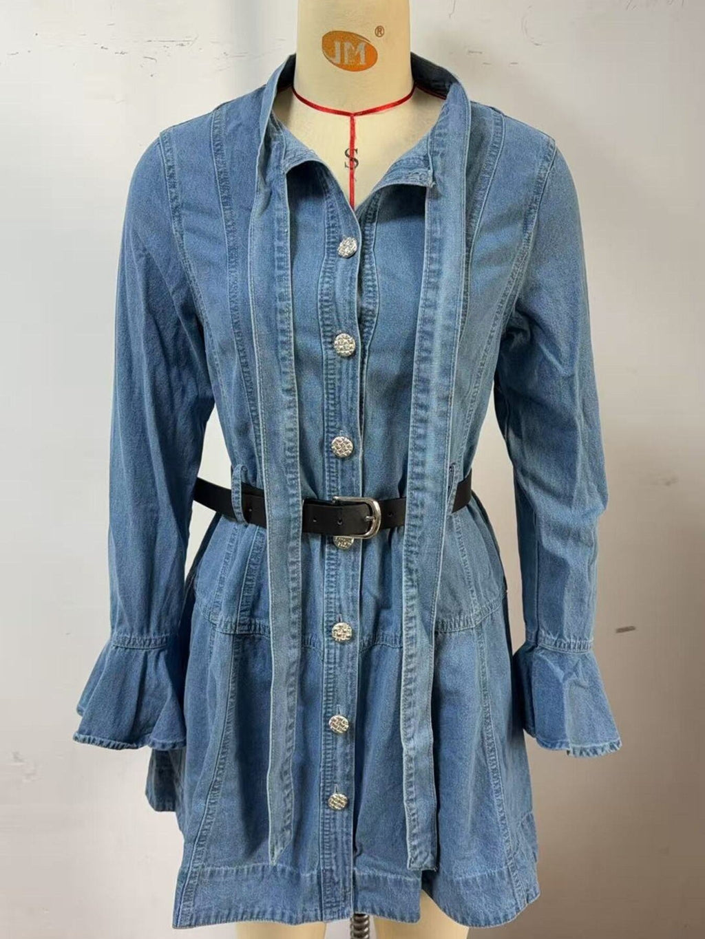 Button Front Flounce Sleeve Denim Dress — additional view 5