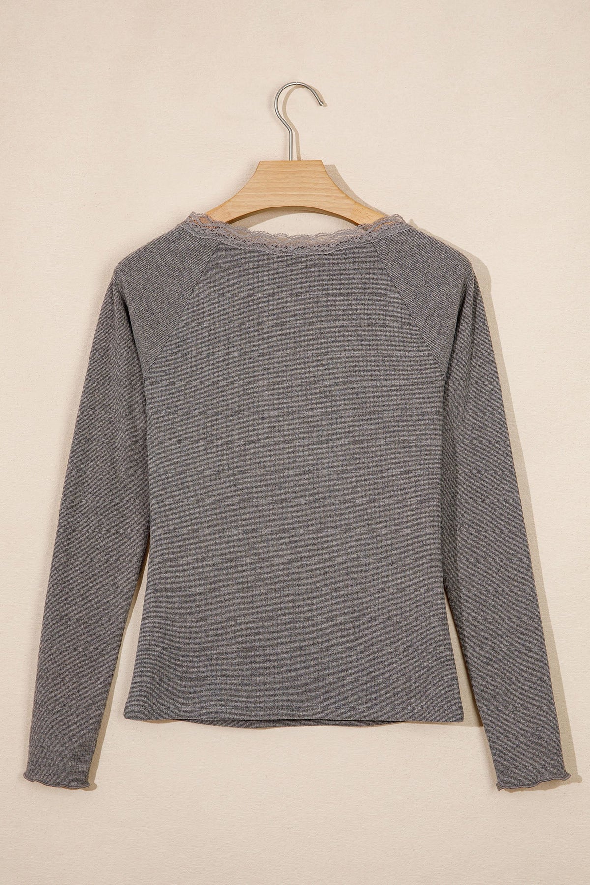 Solid Lace Trim Ribbed Knit Long Sleeve Top