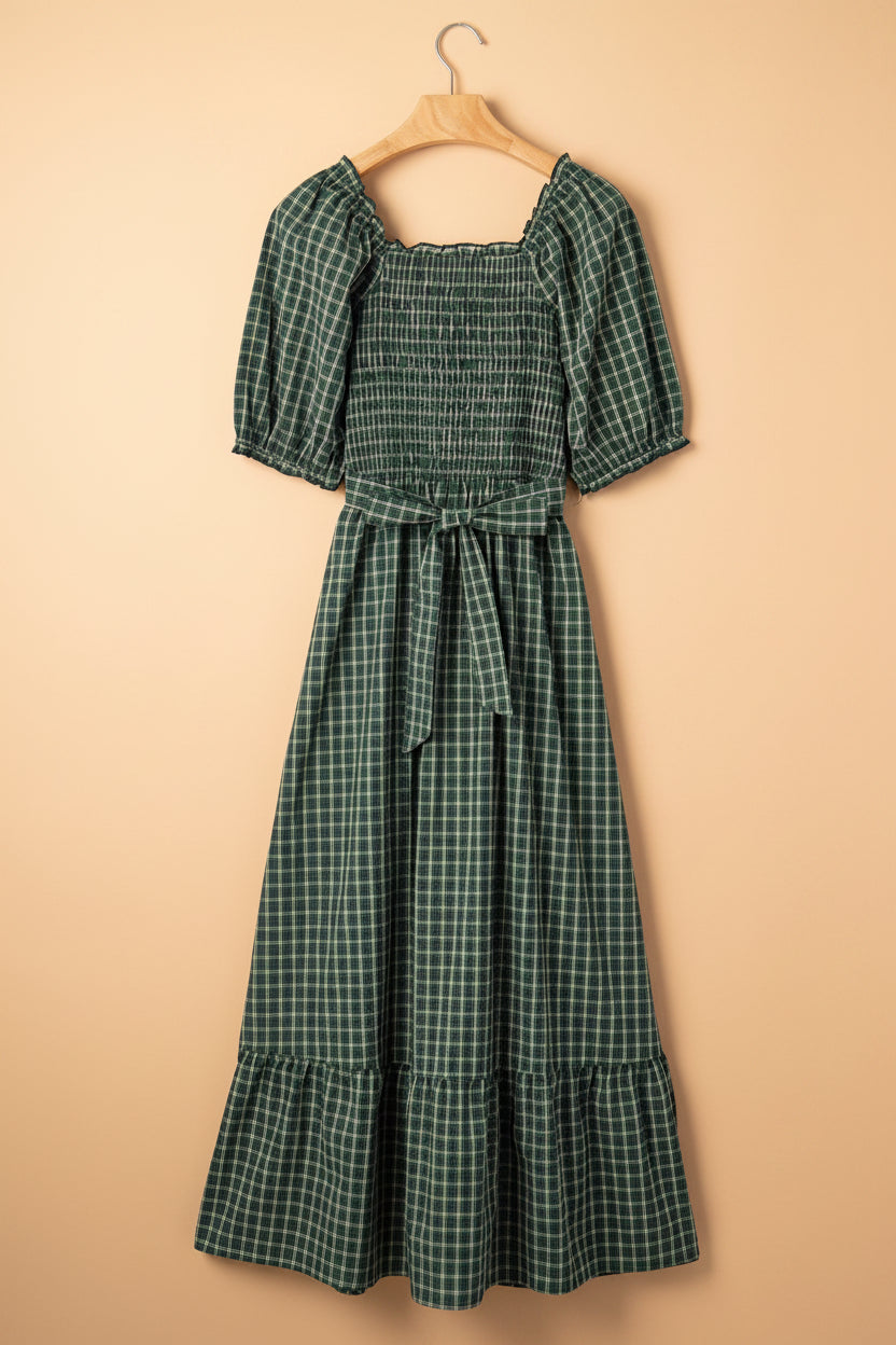 Plaid Shirred High Waist Square Neck Ruffle Hem Dress — additional view 3