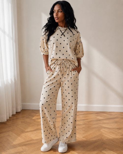Avery Polka Dot Pants Set | Wide Leg Two Piece Set | Beige