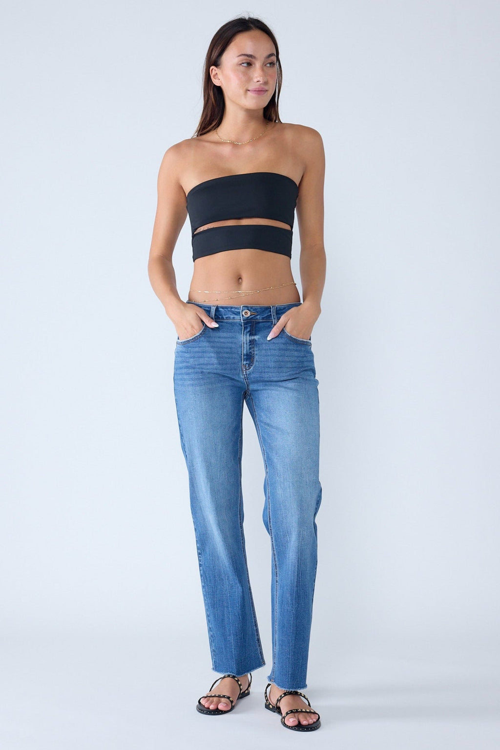 High Rise Knee Down Tie Wash Straight Jeans