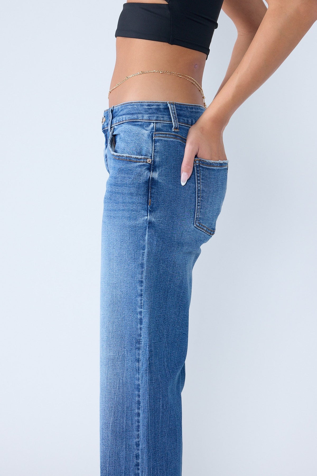 High Rise Knee Down Tie Wash Straight Jeans