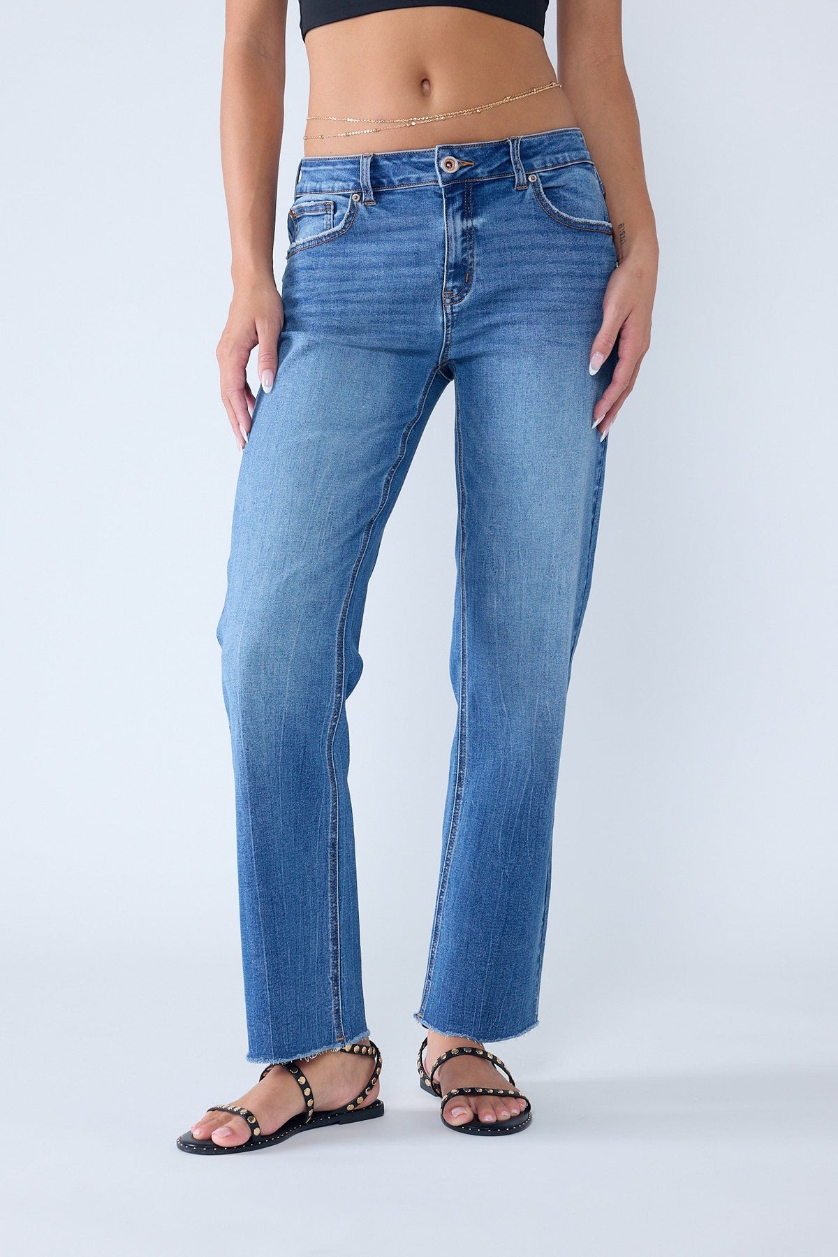 High Rise Knee Down Tie Wash Straight Jeans