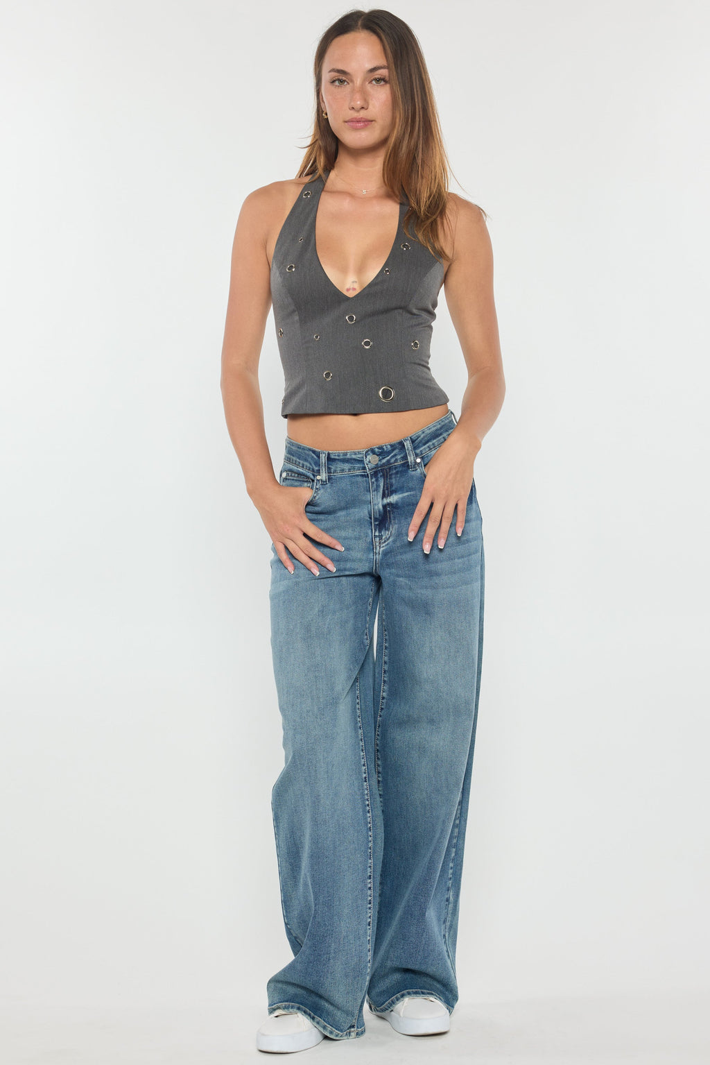 Mid Waist Relaxed Wide Leg Jeans with Heavy Brushed Wash — additional view 4