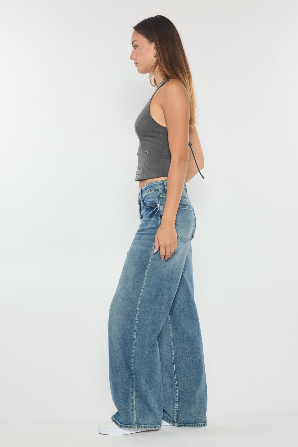 Mid Waist Relaxed Wide Leg Jeans with Heavy Brushed Wash — additional view 3