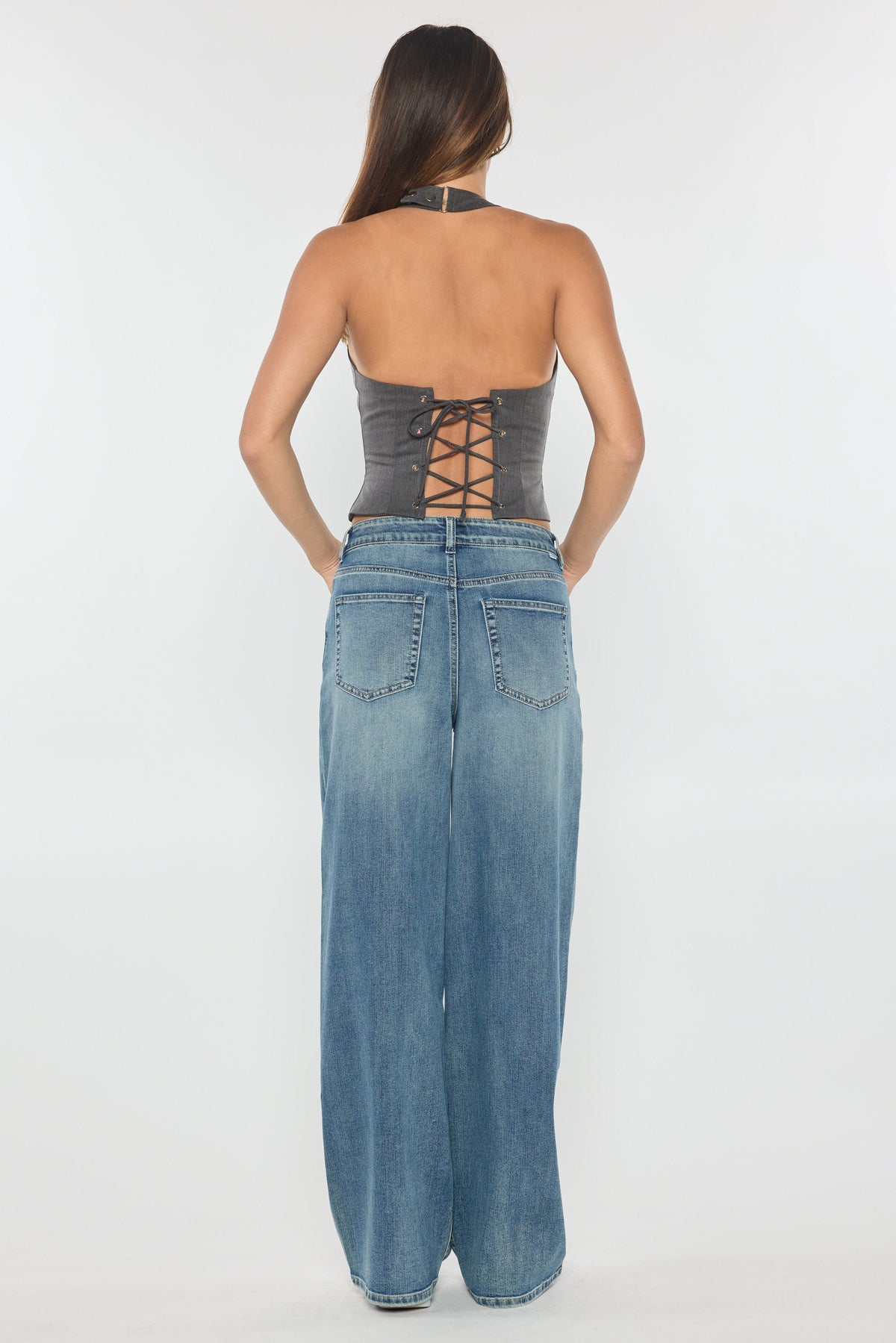 Mid Waist Relaxed Wide Leg Jeans with Heavy Brushed Wash — additional view 10