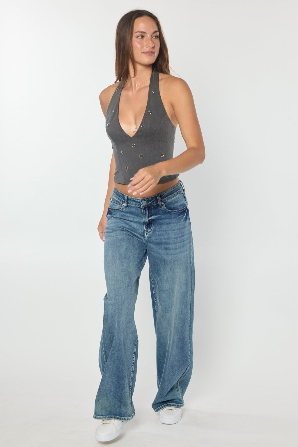 Mid Waist Relaxed Wide Leg Jeans with Heavy Brushed Wash — additional view 9