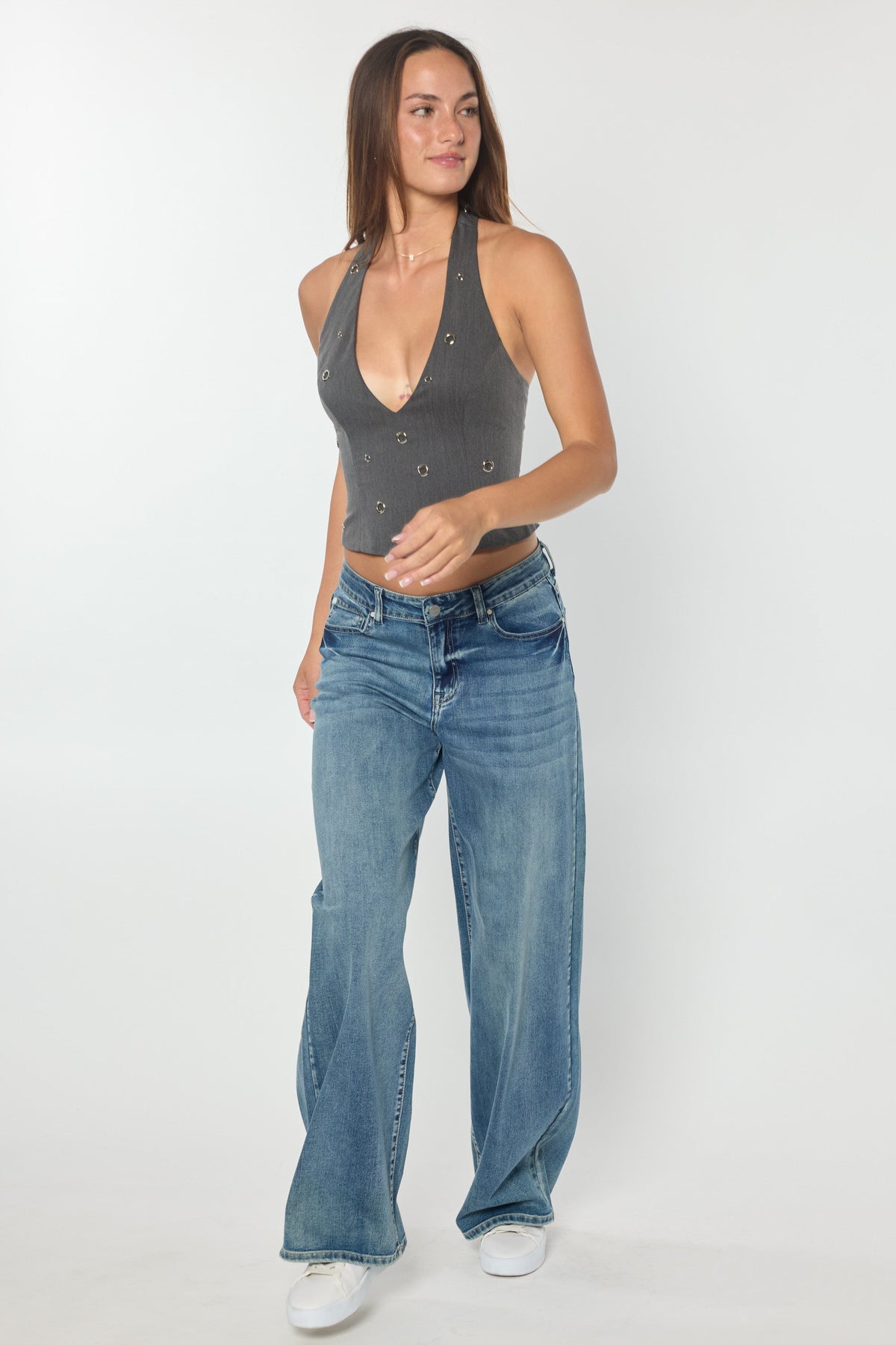 Mid Waist Relaxed Wide Leg Jeans with Heavy Brushed Wash — additional view 9