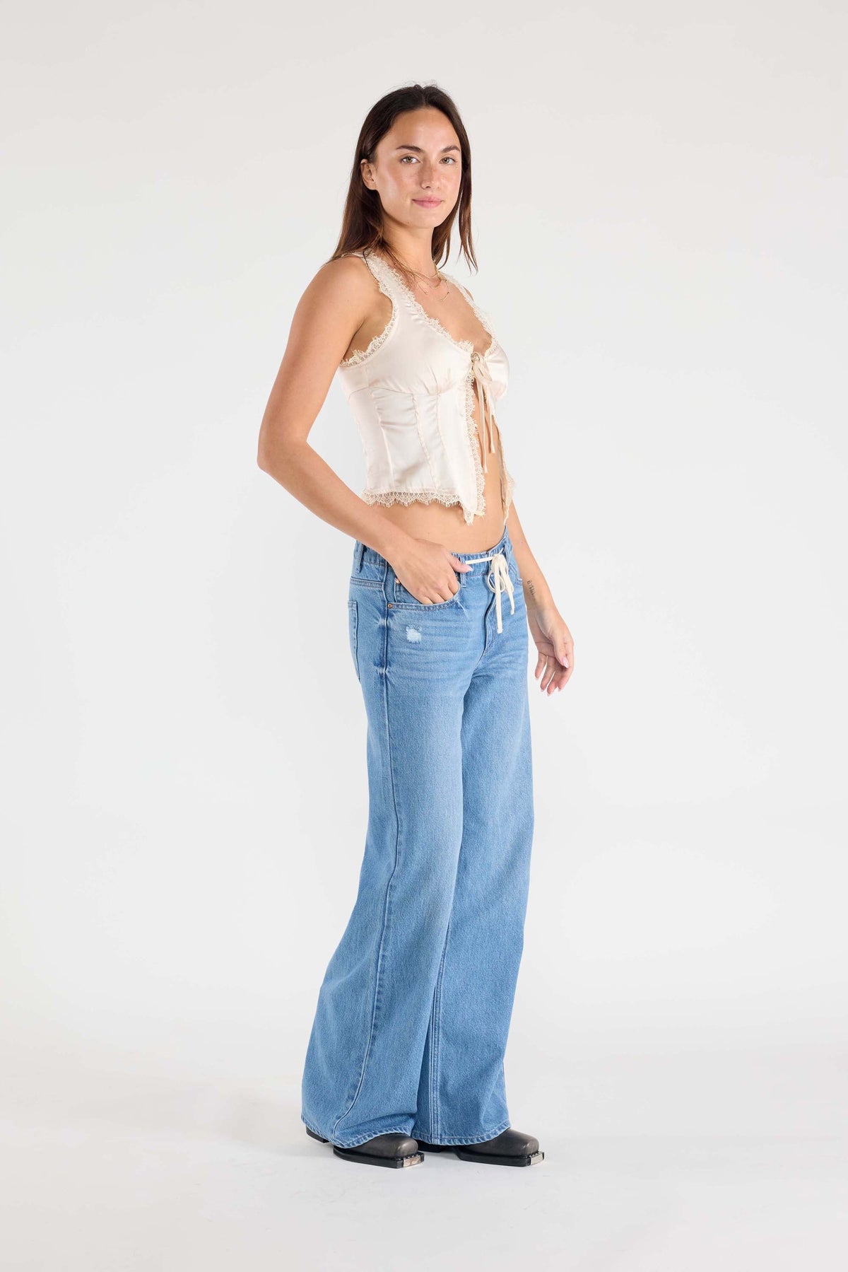 Baggy Wide Leg Jeans with Waist Band String