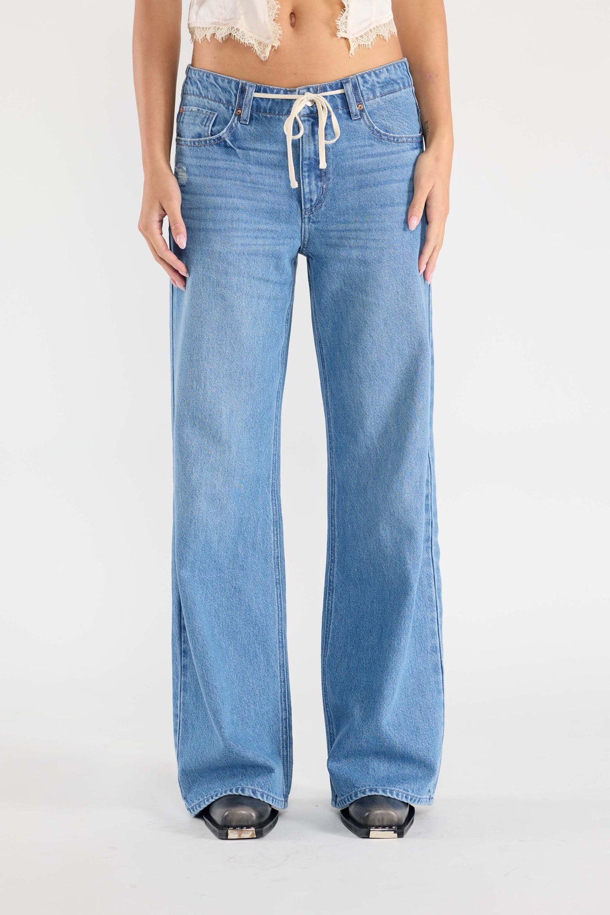 Baggy Wide Leg Jeans with Waist Band String