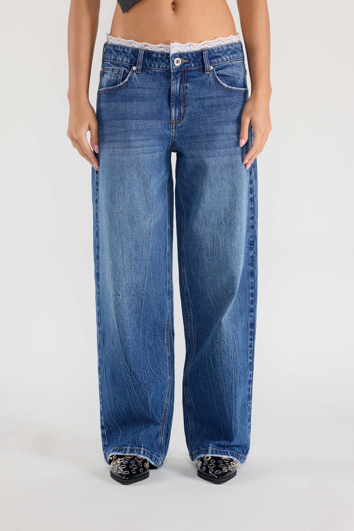 Low Waist Baggy Wide with Waist Band Lace Detail