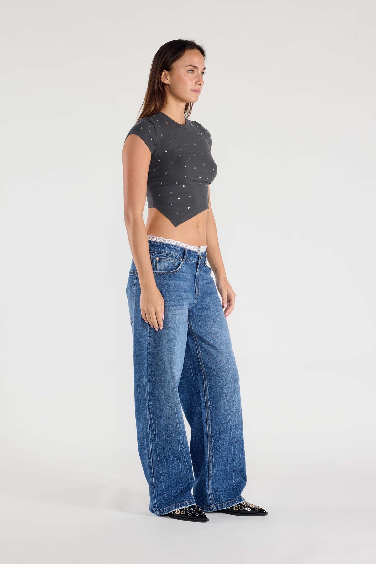 Low Waist Baggy Wide with Waist Band Lace Detail