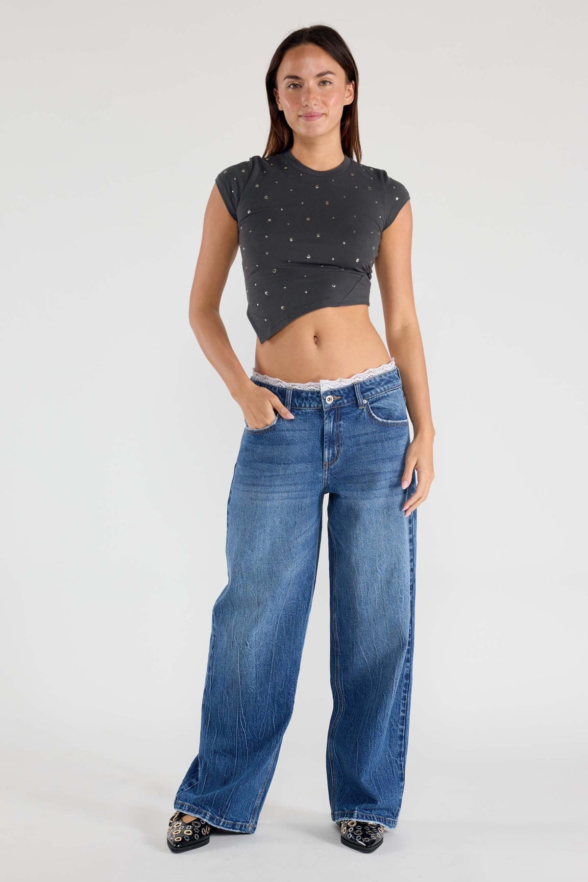 Low Waist Baggy Wide with Waist Band Lace Detail