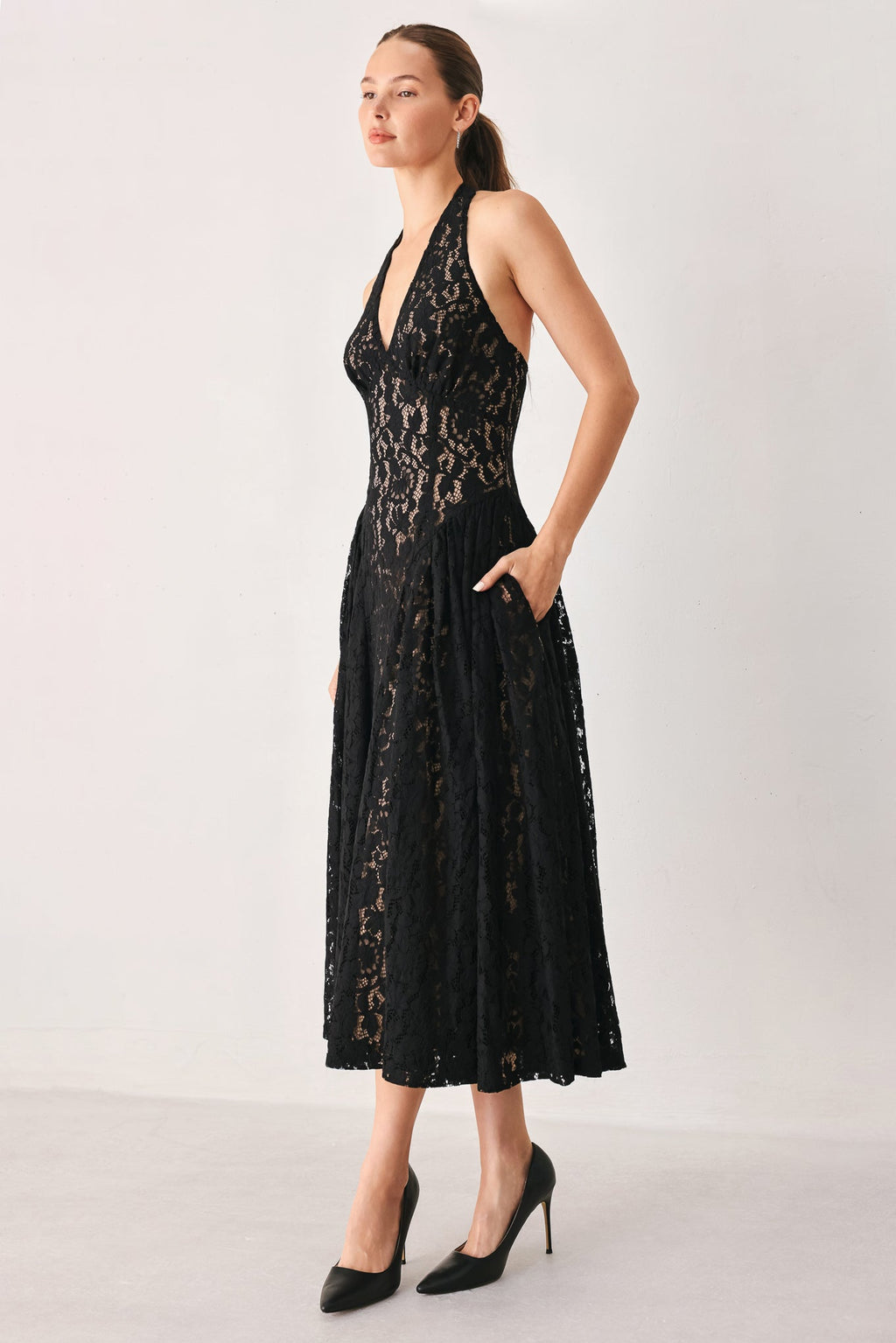 MIDNIGHT GARDEN HALTER WOVEN LACE MIDI DRESS — additional view 4