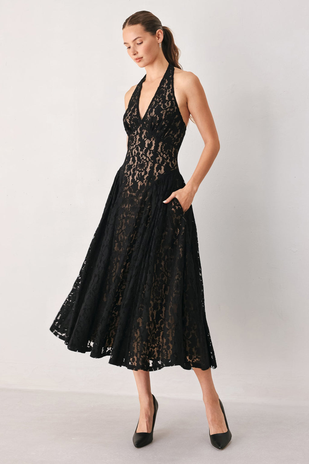 MIDNIGHT GARDEN HALTER WOVEN LACE MIDI DRESS — additional view 5