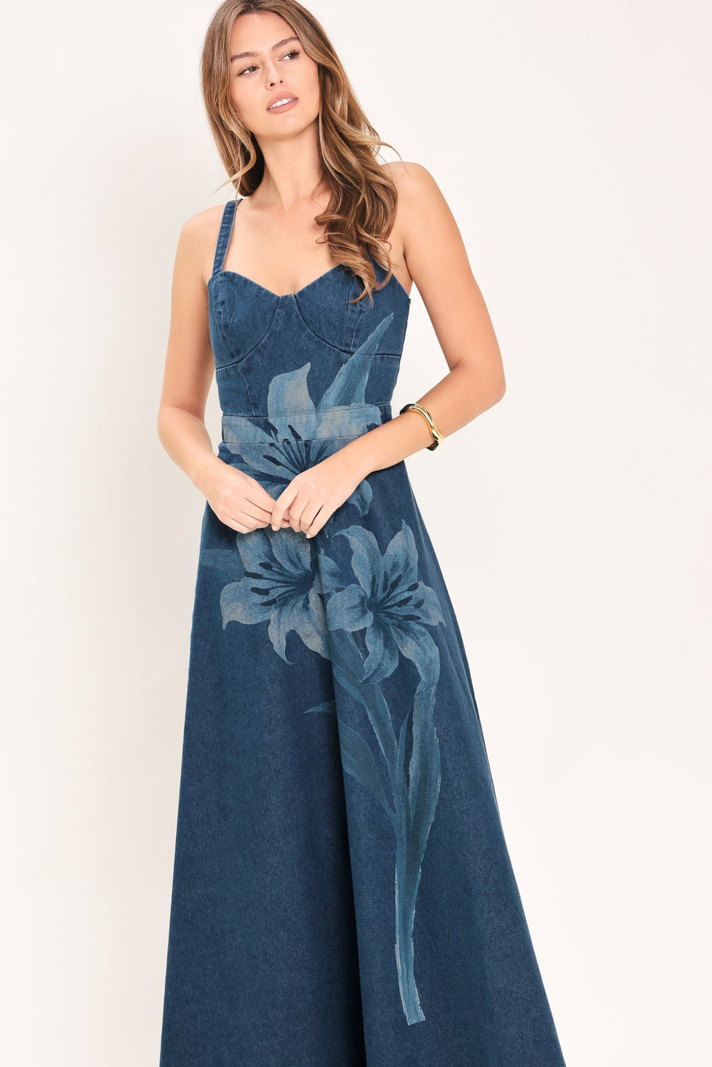 MIDNIGHT BLOOM DENIM MIDI DRESS — additional view 4