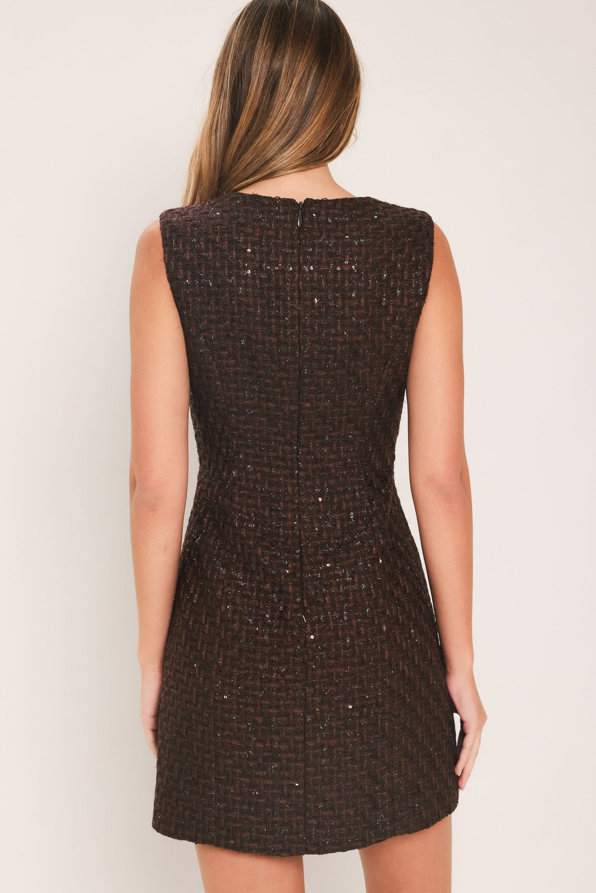 CHAMPAGNE NIGHTS CHOCOLATE SEQUIN TWEED MINI DRESS — additional view 7