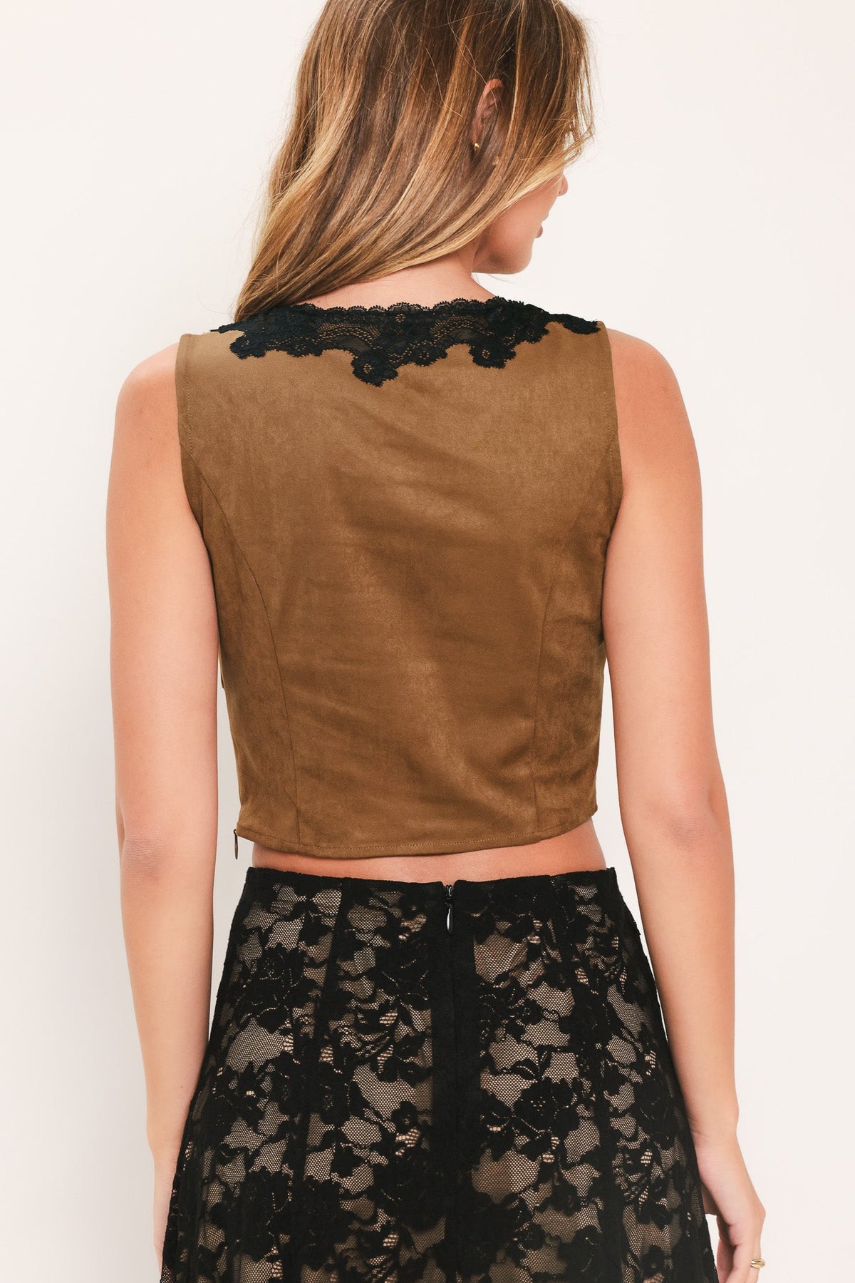 UMBER LACE AFTERGLOW FAUX SUEDE CROP TOP — additional view 6