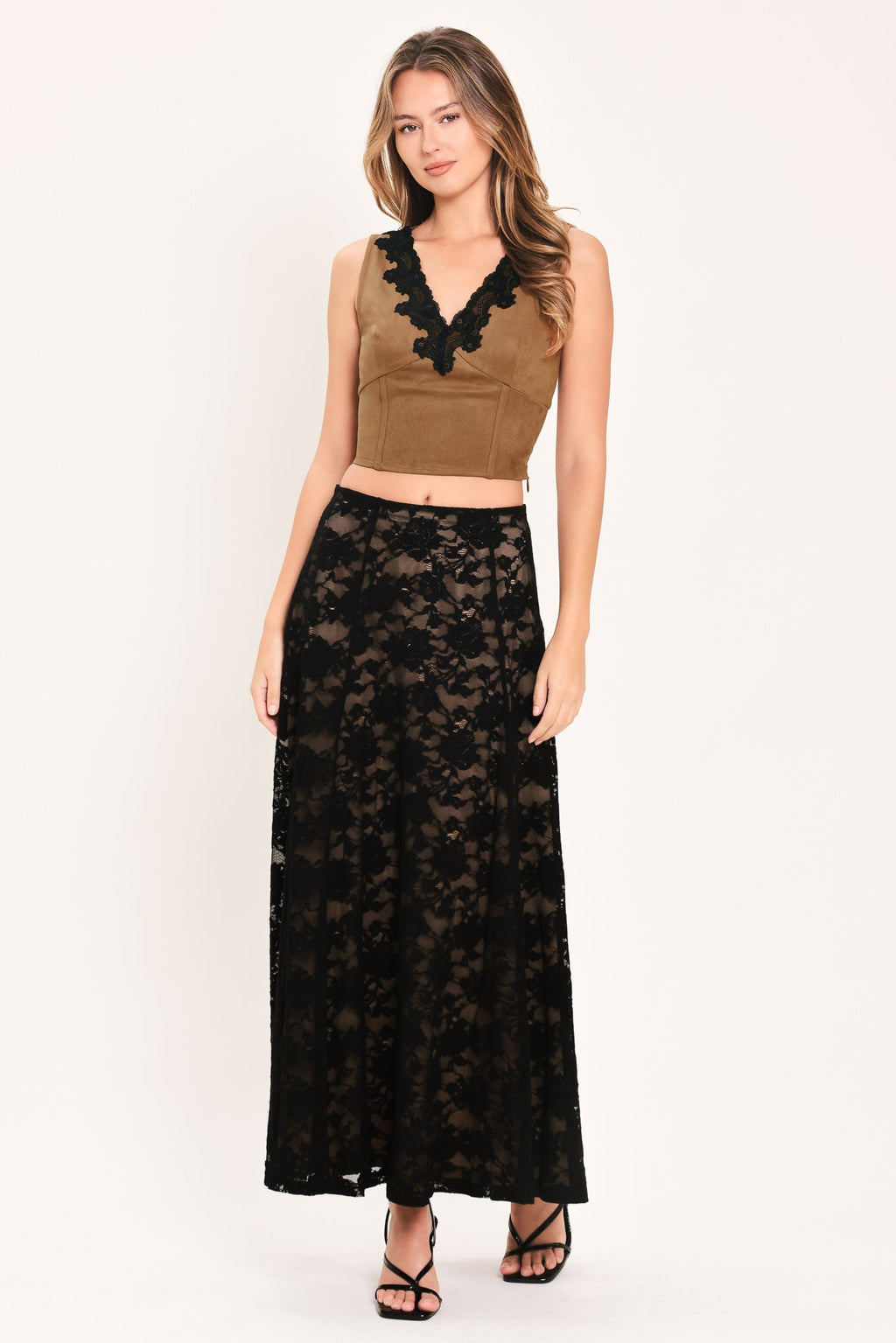 UMBER LACE AFTERGLOW FAUX SUEDE CROP TOP — additional view 2