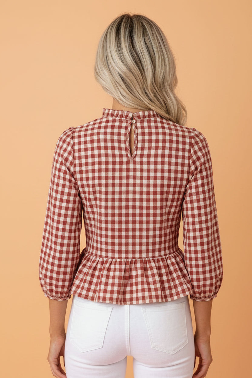 Gingham Shirred Long Sleeve Peplum Top — additional view 2
