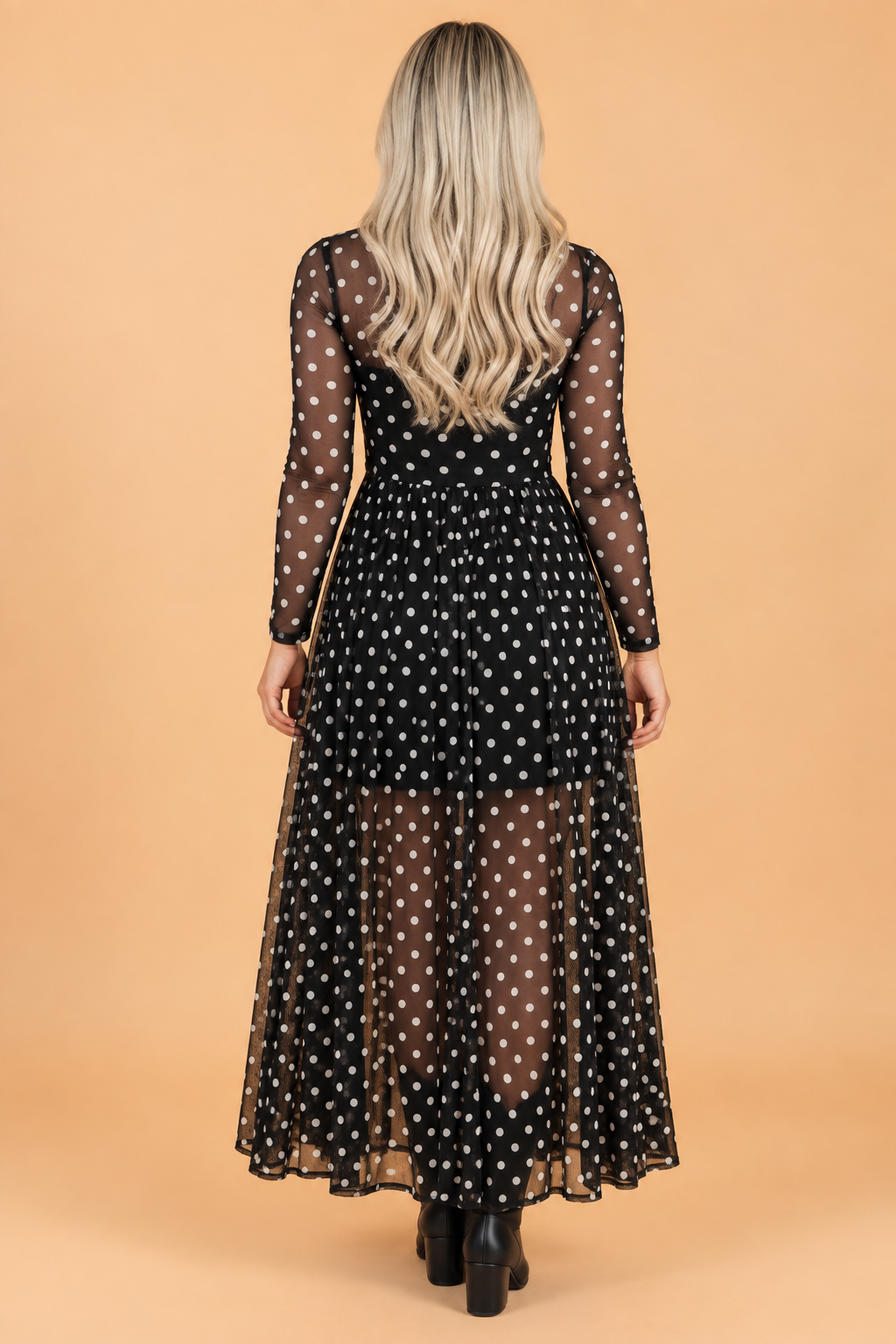 Polka Dot Mesh Mock Neck Long Sleeve Maxi Dress — additional view 2