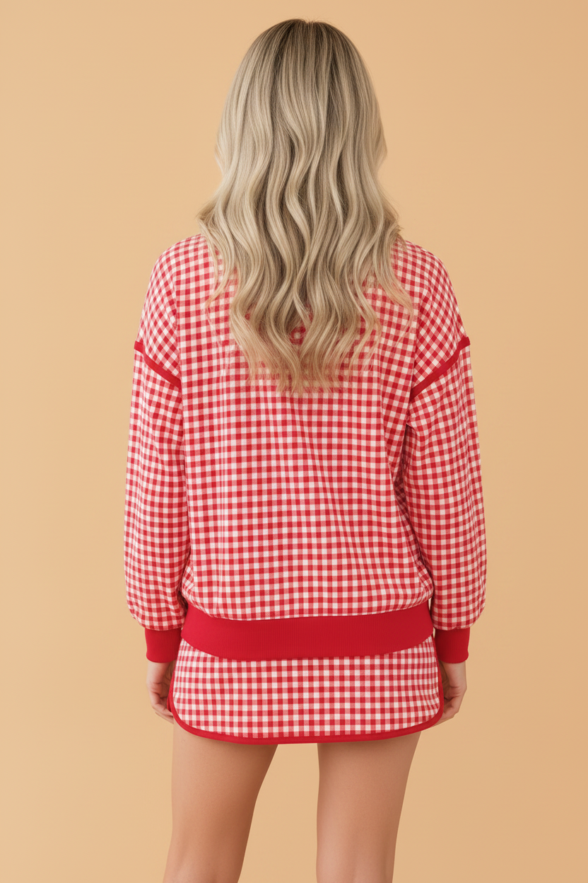Gingham Oversized Ribbed Trim Top & Skort Set — additional view 2
