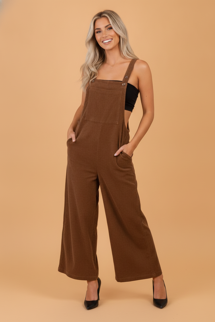 Solid Corduroy Wide Leg Bib Overalls — additional view 2