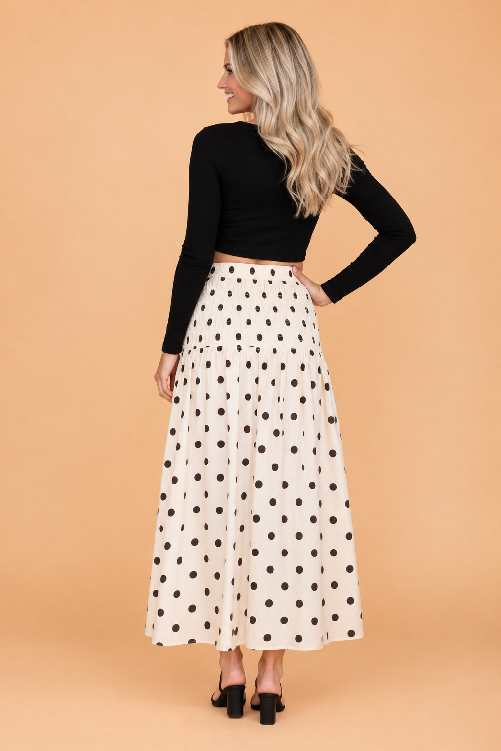 Polka Dot Smocked High Waist Midi Skirt — additional view 2