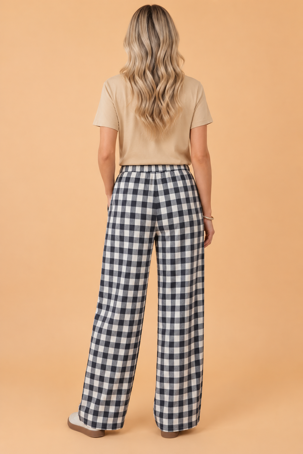 Gingham Drawstring High Waist Wide Leg Pants