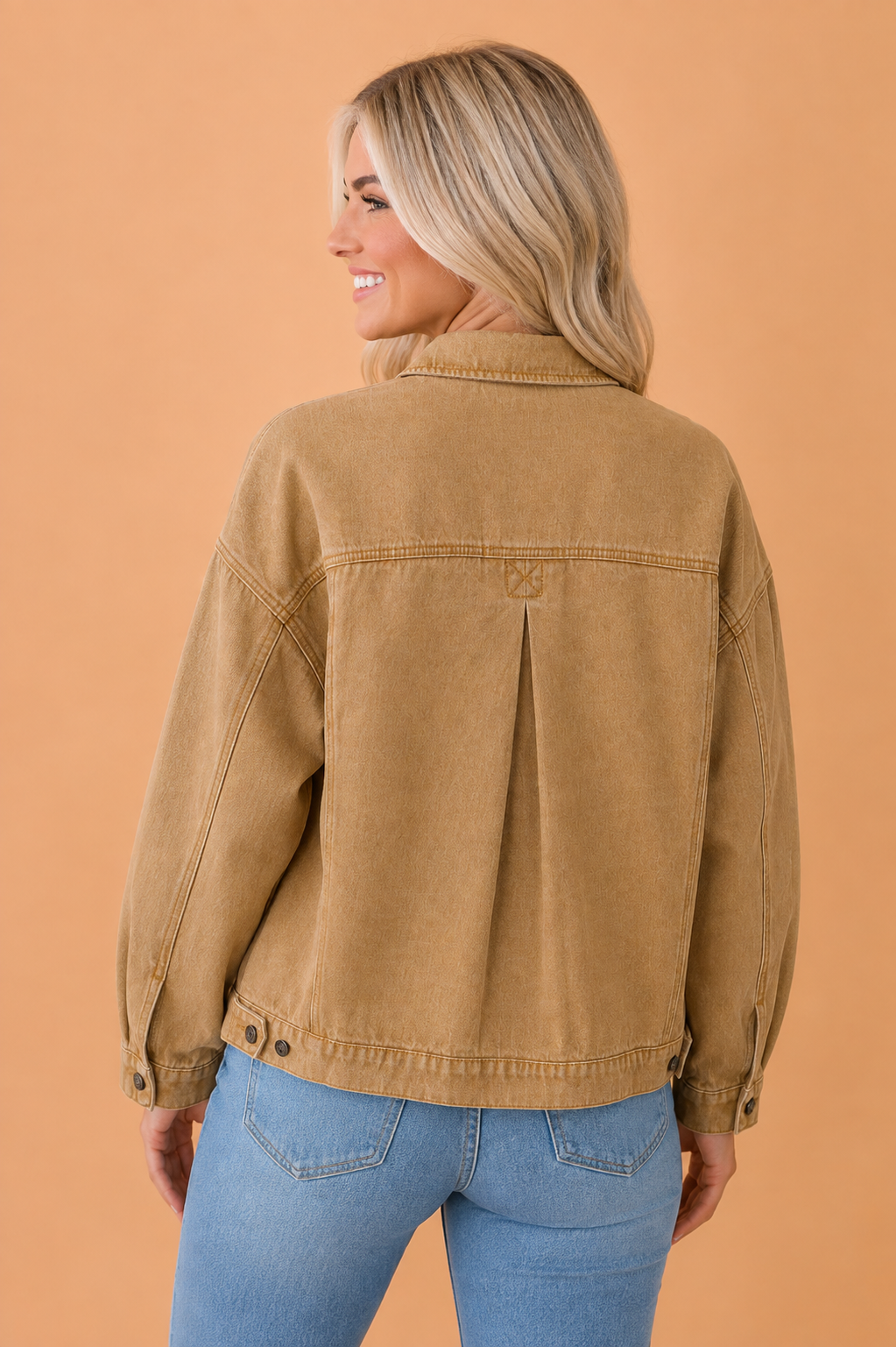 Solid Denim Long Sleeve Buttoned Collar Jacket — additional view 2