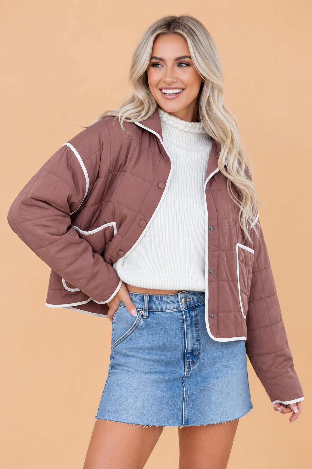Contrast Trim Quilted Patch Pocket Buttoned Jacket — additional view 2