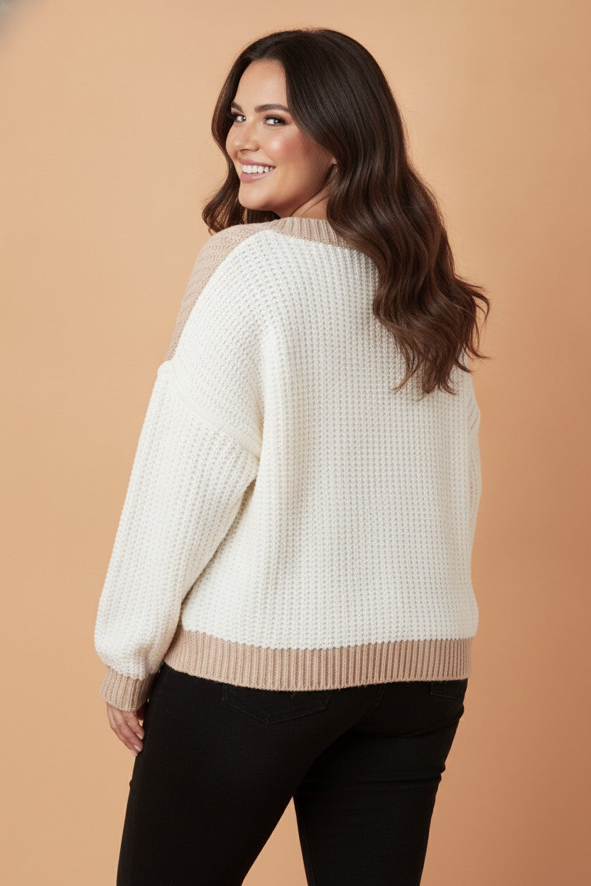 Plus Size Colorblock Textured Reverse Seam V-Neck Sweater — additional view 2