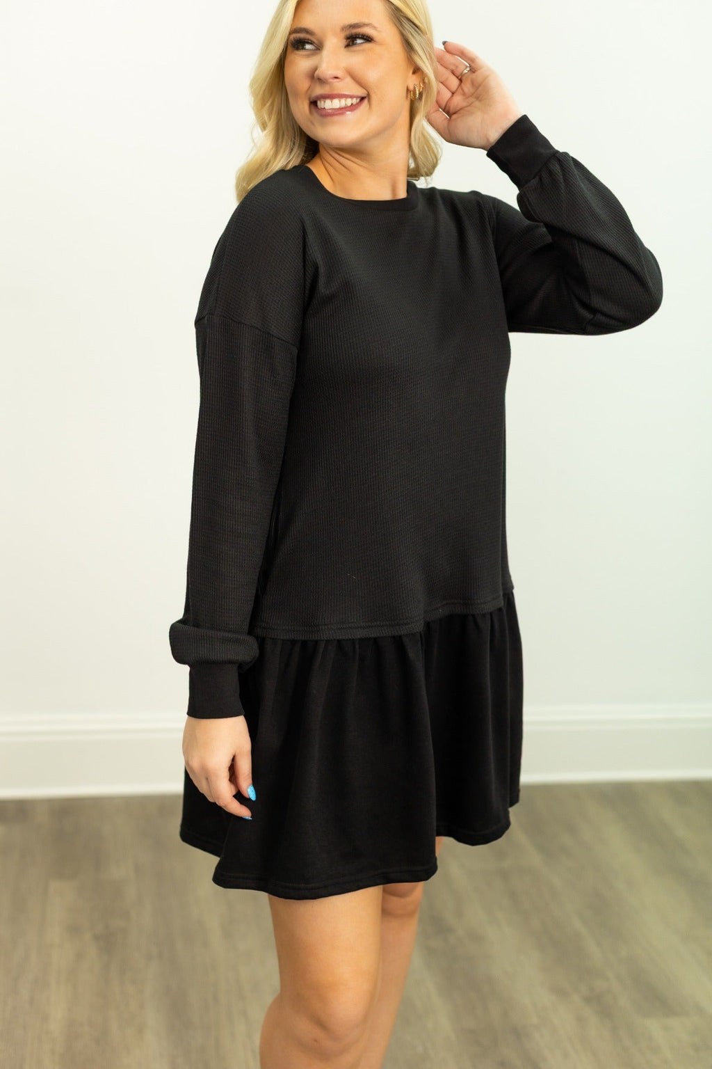 Waffle Knit Long-Sleeve Dress, Black — additional view 3