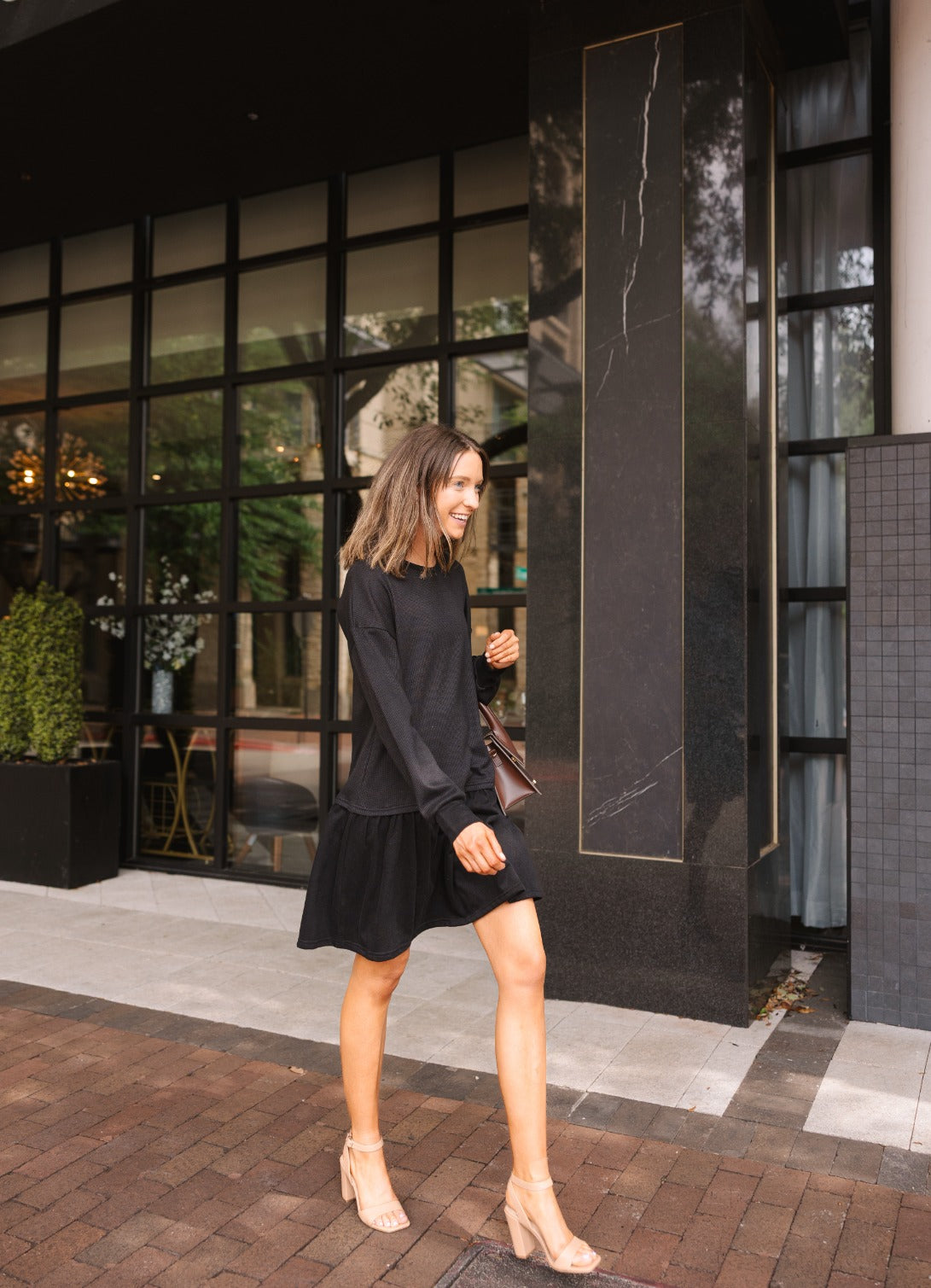 Waffle Knit Long-Sleeve Dress, Black — additional view 10