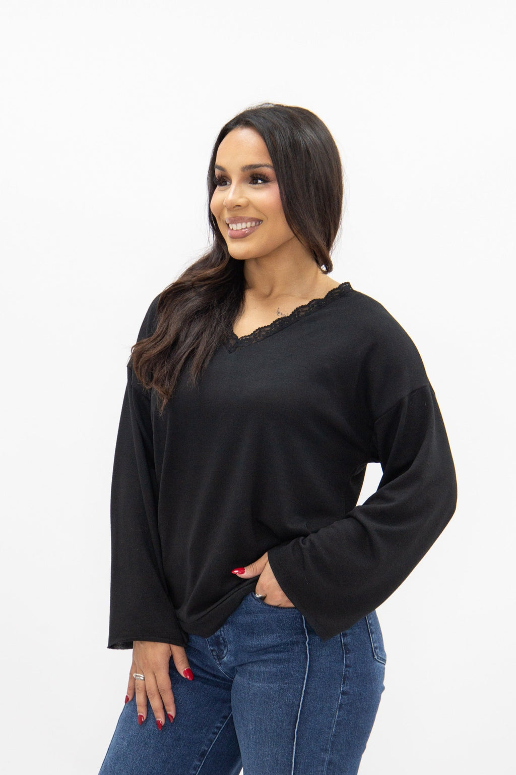 V-Neck Top with Lace Trim, Black — additional view 4
